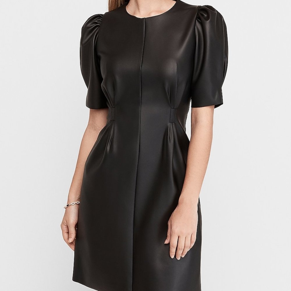 Express Puff Sleeve Vegan Leather Dress Black XS - Picture 1 of 6